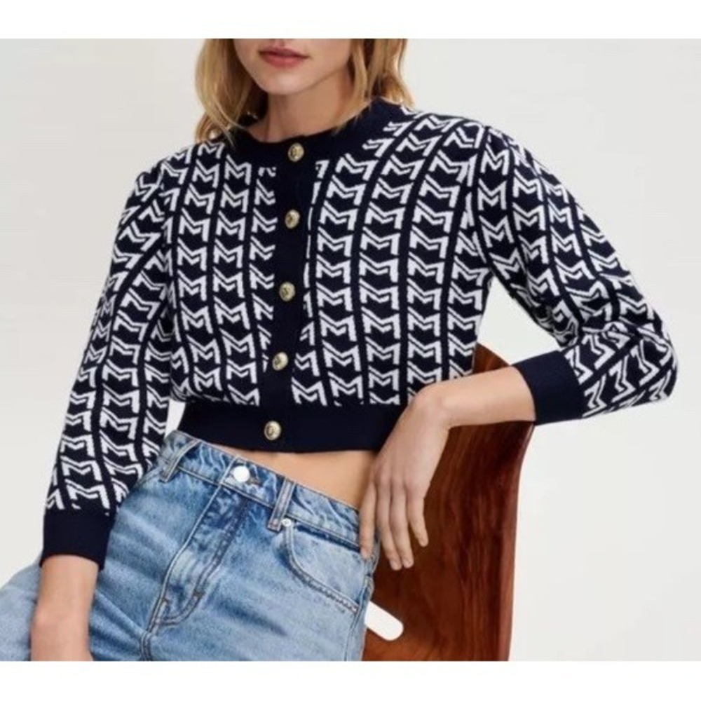 Maje Monogram Jacquard Cardigan Women's Size 3 US Large Blue